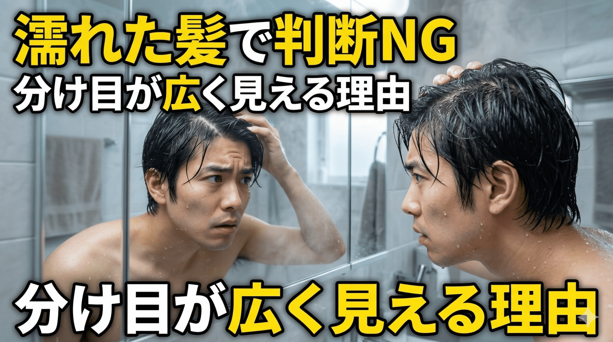 シャワー後に分け目を確認する男性のイメージ