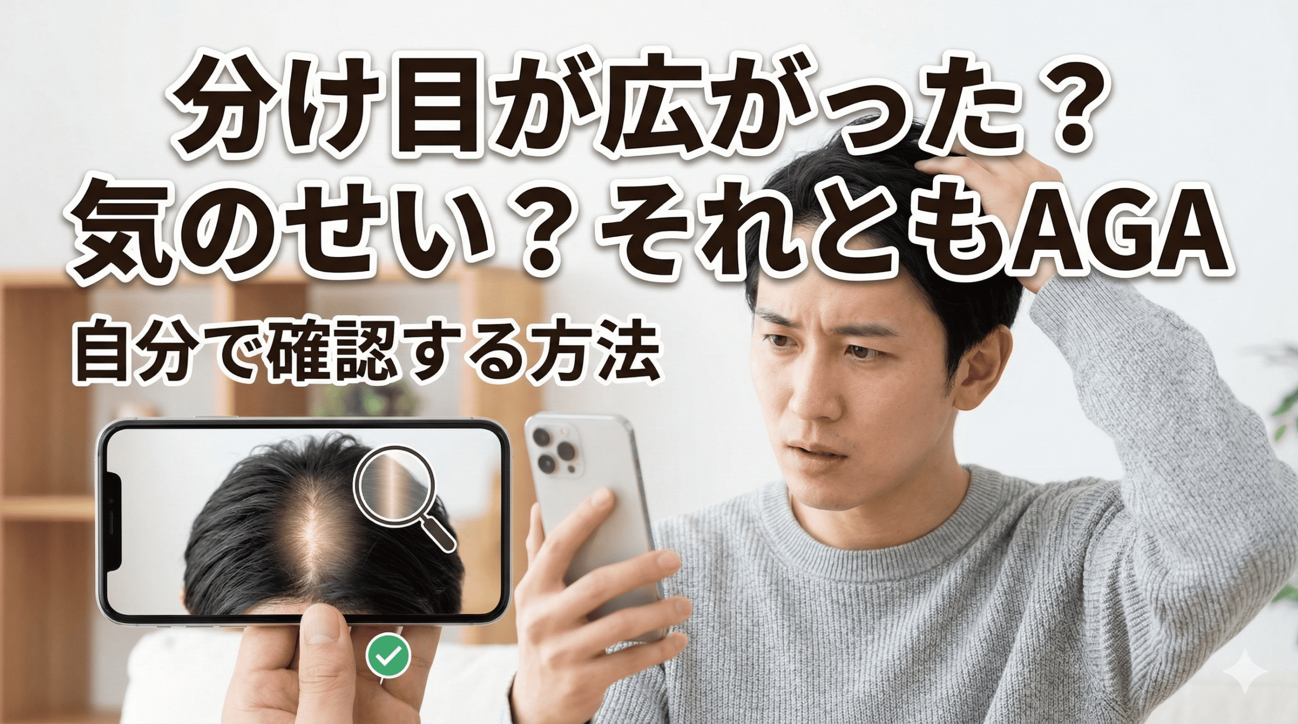 分け目が広がった気のせいか確認しているイメージ