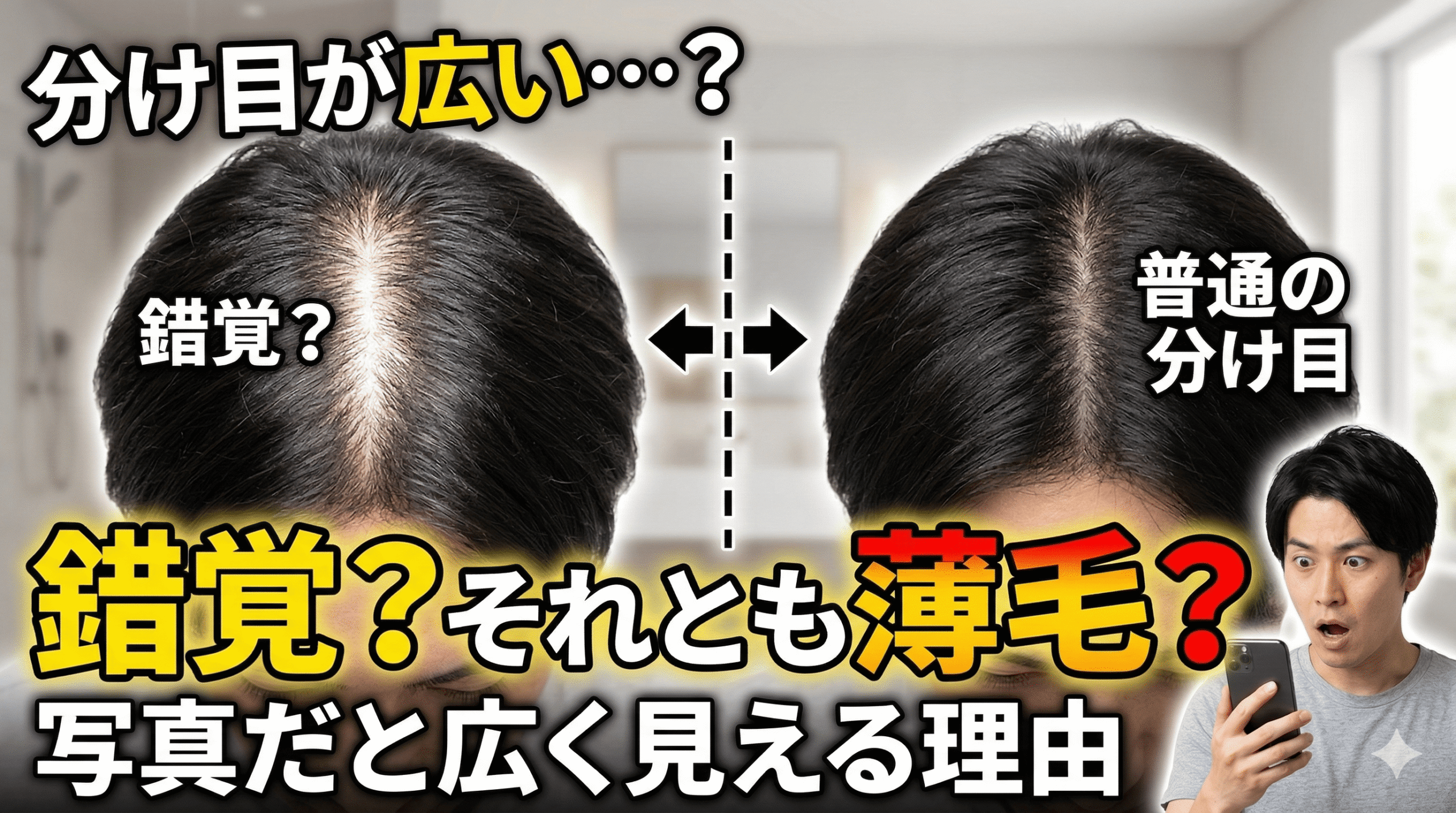 スマホで分け目を撮影して確認する男性のイメージ