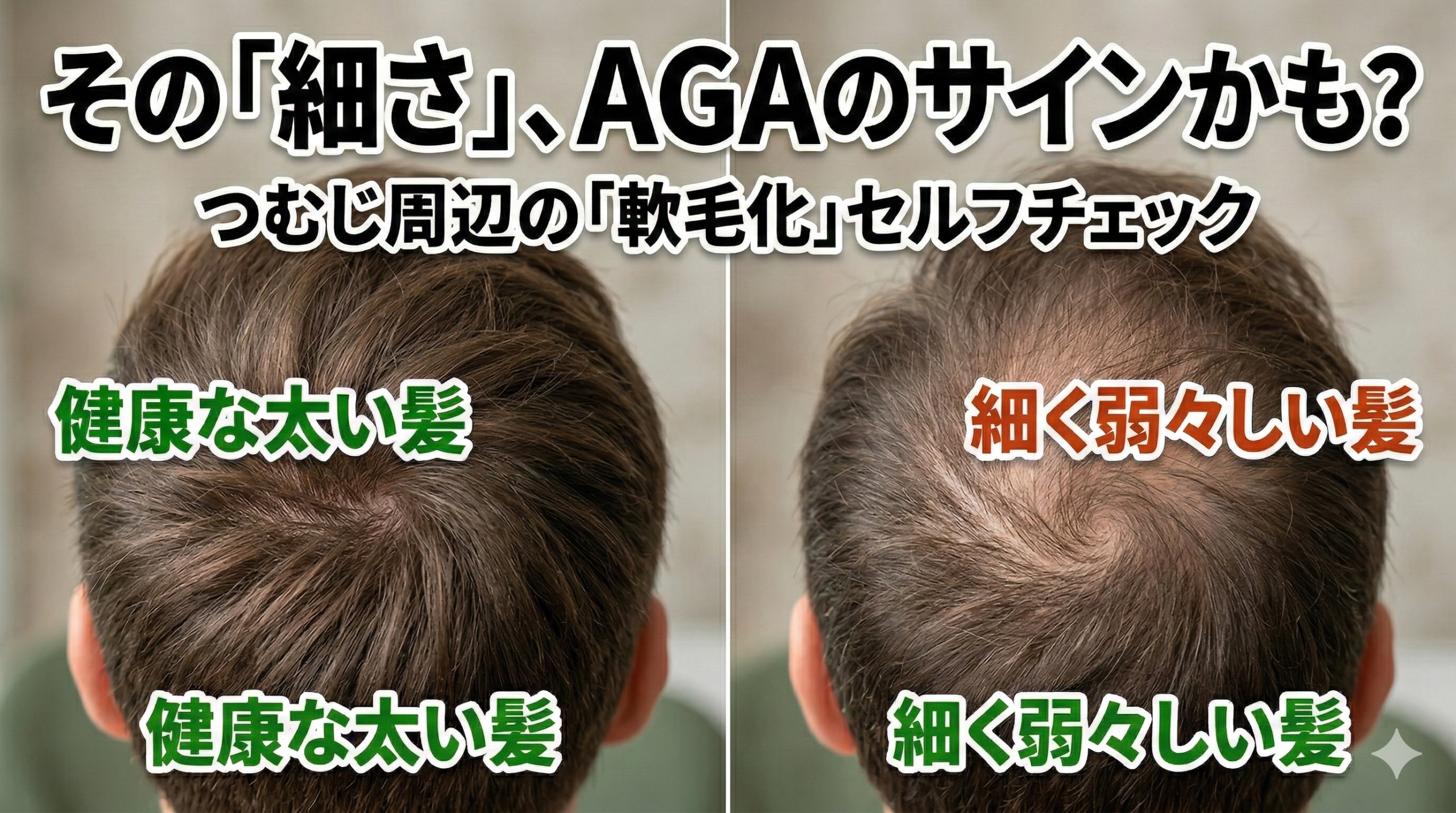 つむじ周辺の髪が細くなった？AGA初期の軟毛化サインと対策